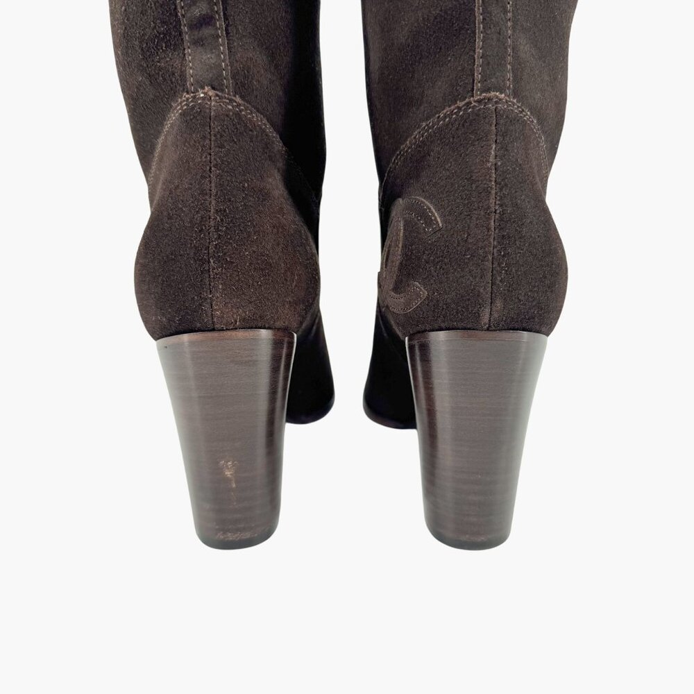 Chanel CC Dark Brown Suede Knee High Riding Boots Block Heel Size 37 US 6-6.5 - Picture 7 of 13